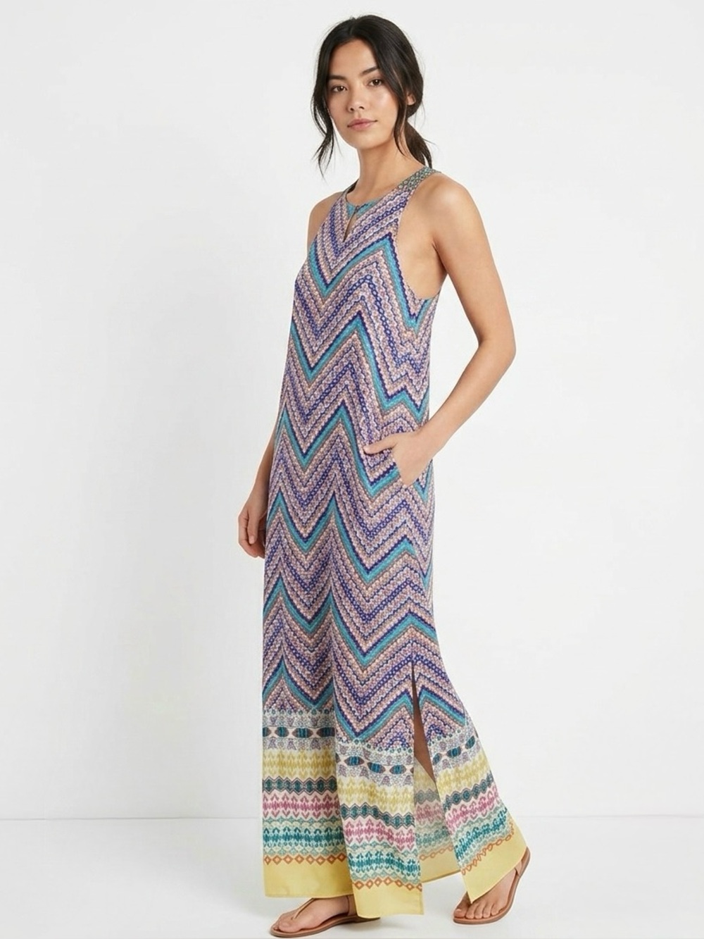 Small The Vanity Room Multicolor Chevron Maxi Dress in Blue and Teal